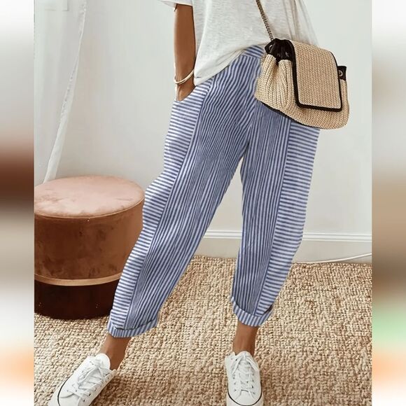 Striped Blue Women's Pants - Picture 1 of 6